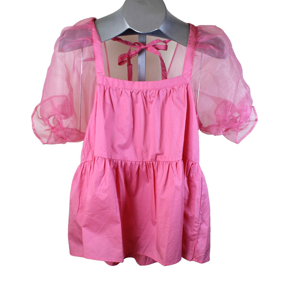Tuckernuck Pomander Place Blouse Medium Pink Puff Sleeve Sheer Romantic Career - Picture 1 of 7